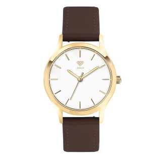 Men's Personalized 32mm Dress Watch - Gold Case, White Dial, Brown Leather