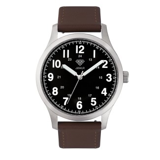 Men's Personalized 40mm Field Watch - Steel Case, Black Dial, Brown Leather