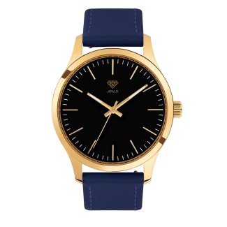 Men's Personalized 40mm Dress Watch - Gold Case, Black Dial, Blue Leather